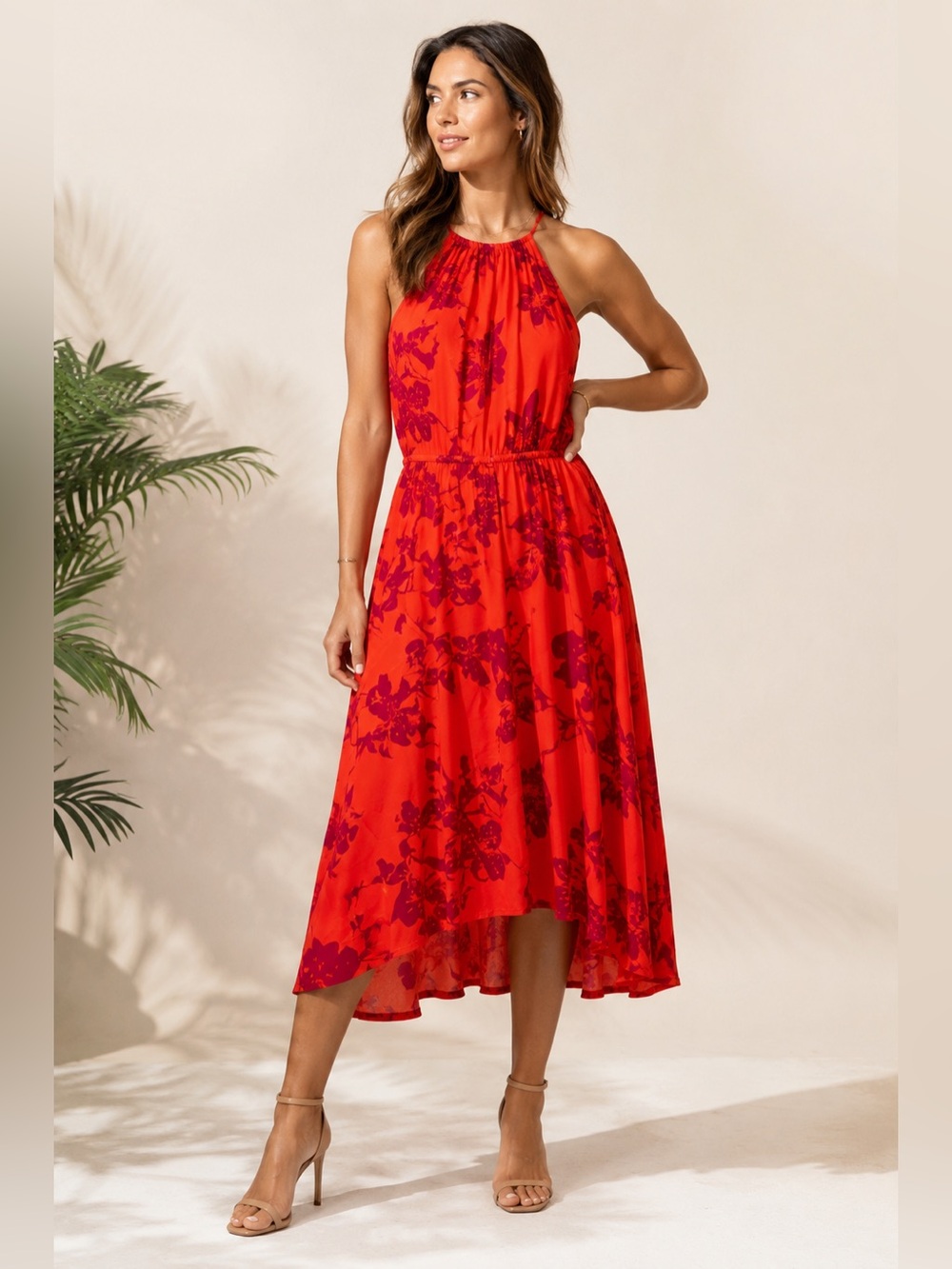 NWT Banana Republic Coral Orange Floral Halter Hi-Low Midi Dress $178 Retail! - Picture 5 of 8